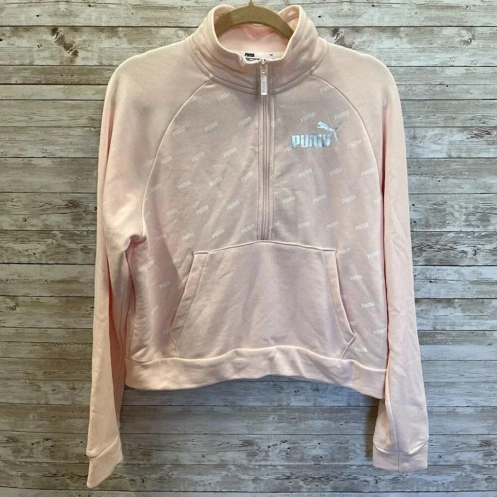 Puma Womens L Sweatshirt Peach‎ 1/2 Zip White Puma Pattern Pullover Athletic